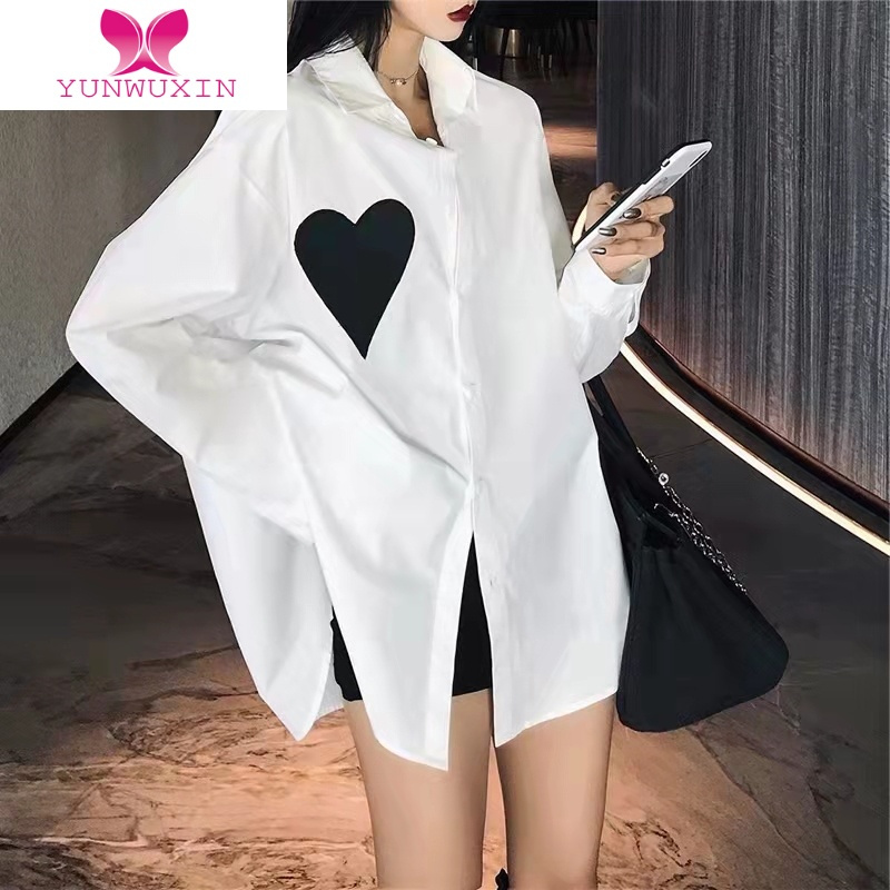 YUNWUXIN爱心白色衬衫女夏2022新款ins潮港味衬衣设计感小众长袖外套
