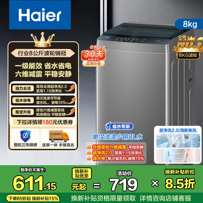 海尔(Haier)8公斤 全自动 波轮洗衣机 除螨洗 清新换风 XQB80-Z10D0 博卡灰 1级能效图片
