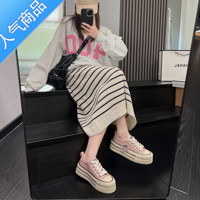 SUNTEK增高6cm5cm帆布鞋女春夏新款系带百搭厚底休闲防滑显瘦显高板鞋女高清大图