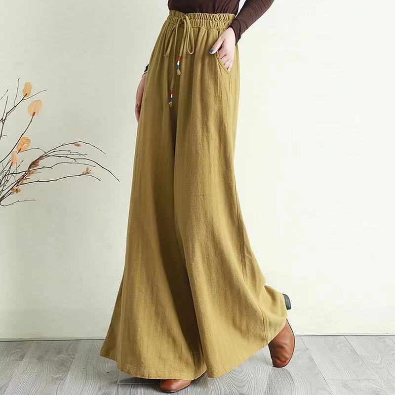 复古文艺棉麻阔腿裤抽绳松紧腰女春秋季长裤棉麻宽松休闲裤姜黄色长裤