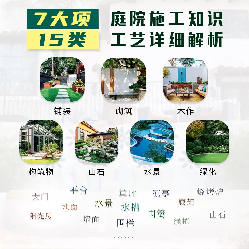[正版]庭院造景施工指南 庭院景观园林工程一本通铺装砌筑木作构筑物山石水景绿化庭院装修施工手册 工法速查宝典建筑艺术书高清大图
