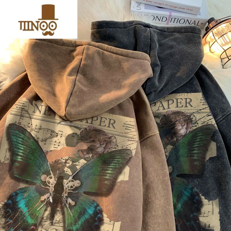 YANXU蝴蝶印花紫色连帽卫衣男潮牌美式复古水洗做旧宽松大码外套图片