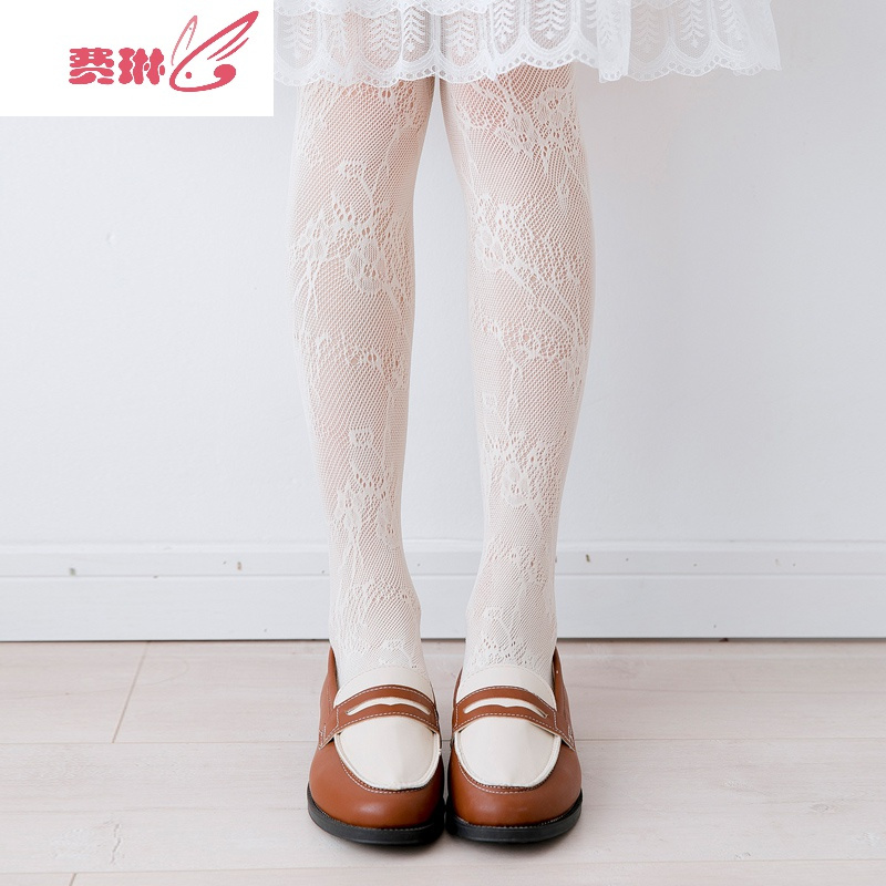 日系白色lolita丝袜子少女蕾丝打底洛丽塔连裤袜过膝显瘦印花长筒 费琳