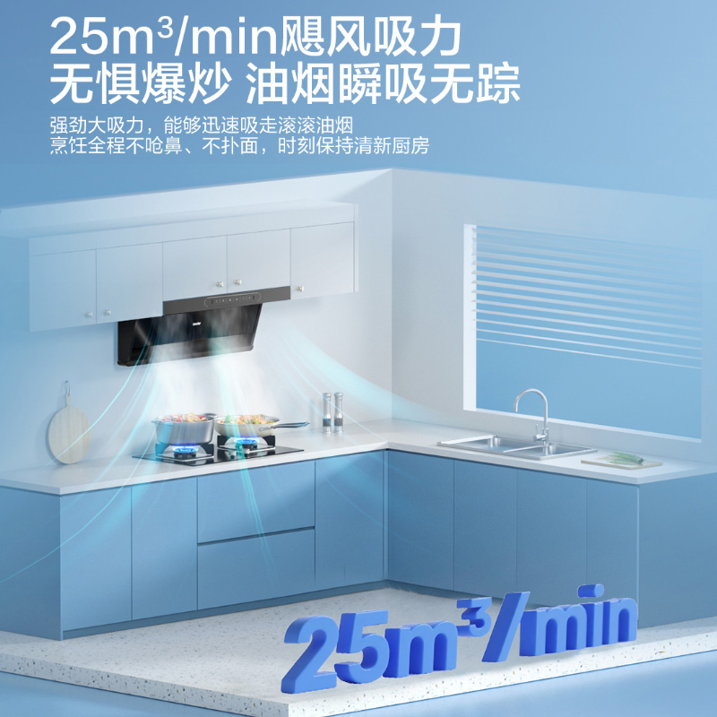 海尔(Haier)出品统帅吸油烟机家用厨房7字型油烟机25m³变频大吸力高频自旋洗900帕强排风压IXF7220高清大图