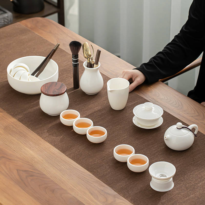 苏氏陶瓷(SUSHI CERAMICS)羊脂玉白瓷功夫茶具套装德化中国白三才盖碗泡茶壶茶洗大套礼盒装