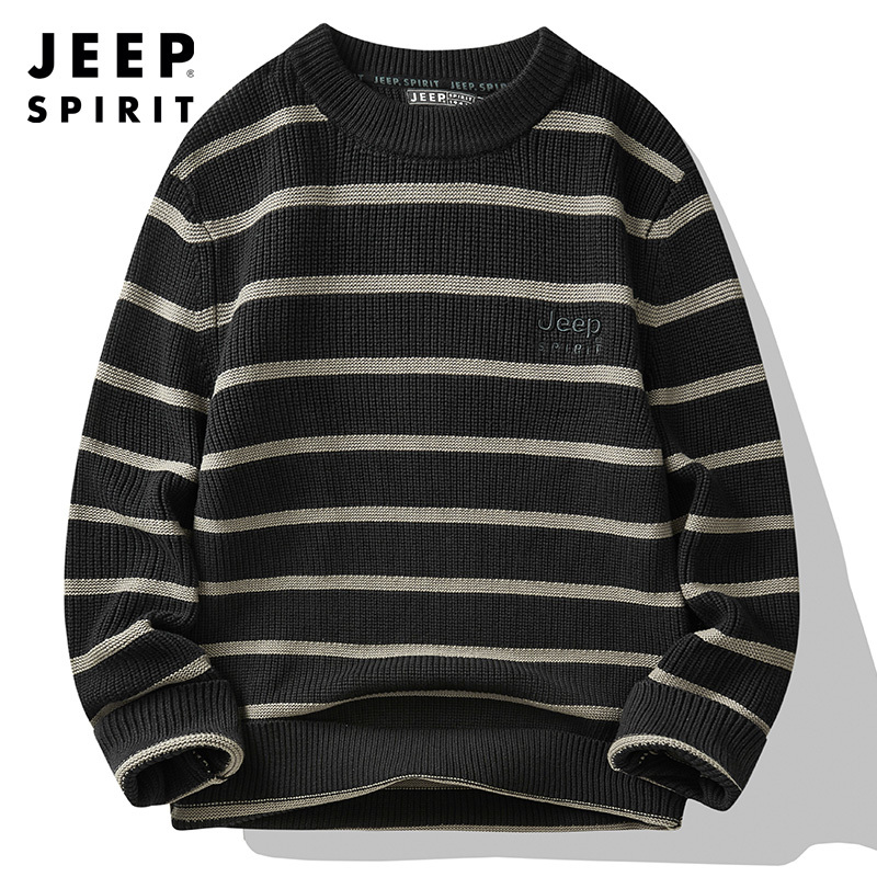Jeep spirit吉普男士圆领毛衣纯棉百搭冬季新款针织上衣服宽松间色条纹潮款衣服