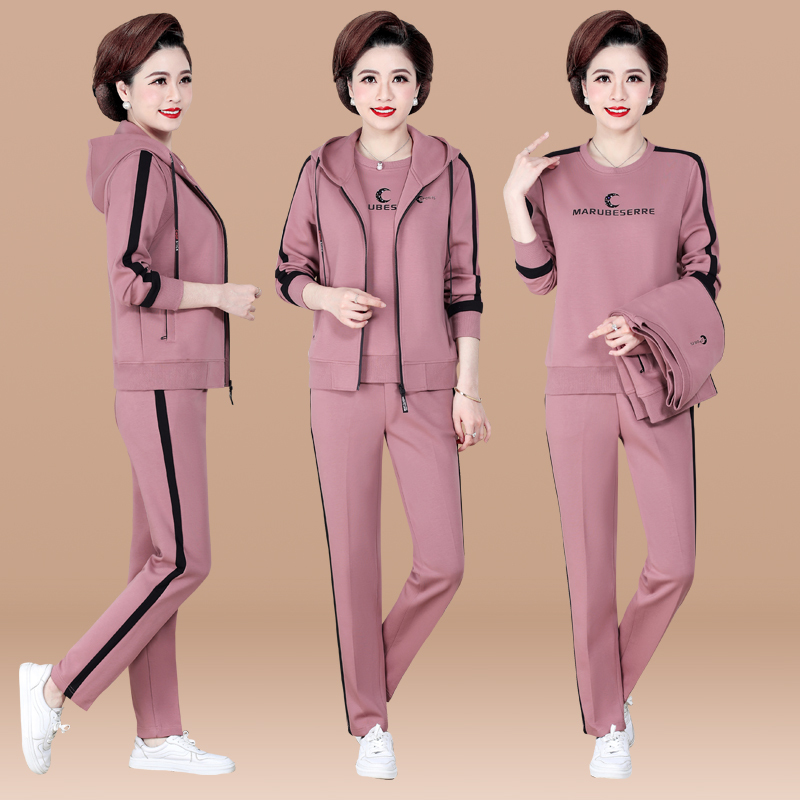 均妮中老年女款卫衣三件套春秋季大码休闲运动套装妈妈装卫衣运动服