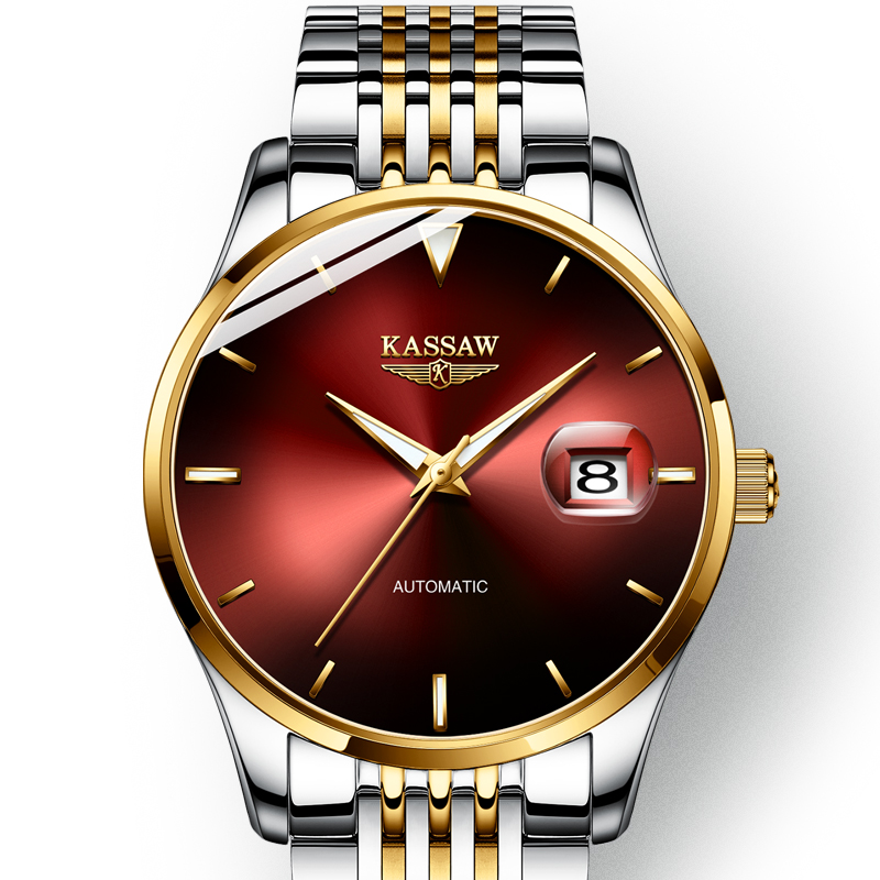 卡梭(KASSAW)手表男自动机械表防水超薄学生绿水鬼男表潮流时尚K867G 酒红色