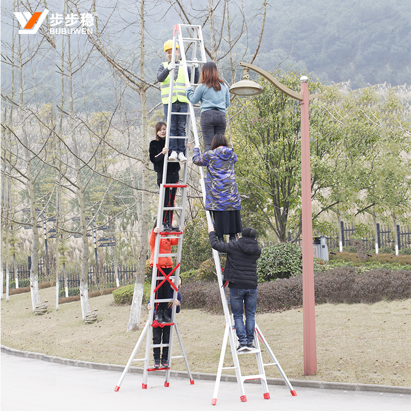 步步稳铝合金双面伸缩人字梯收折腿加厚铝梯工程梯家用户外折叠升降楼梯特厚12米