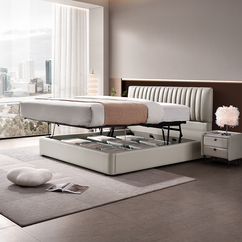 新品顾家家居现代简约头层真皮床竖琴平移储物主卧双人软床8069b天