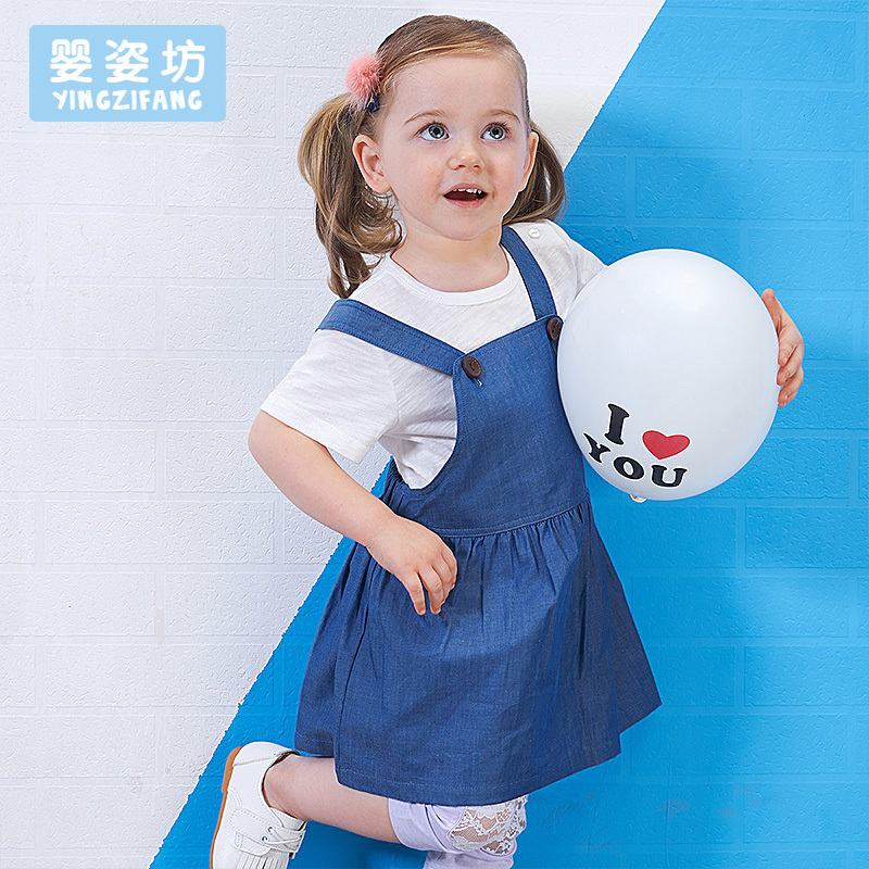 女童纯色圆领肩开扣短袖背带裙两件套