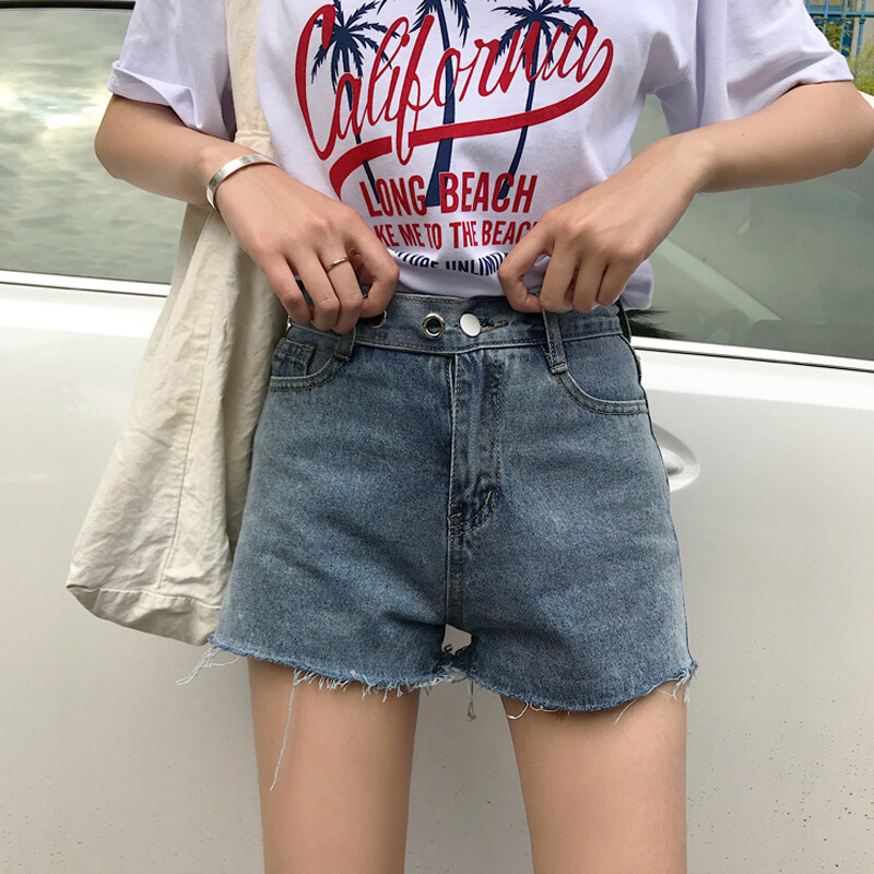 韩版夏装2018新款显瘦百搭休闲chic腰带牛仔裤高腰短裤热裤女学生蓝色