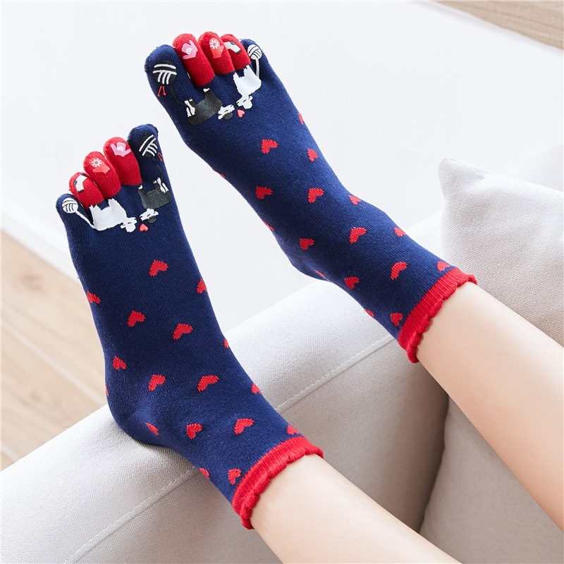 盛世尼曼蓝姿欣春秋棉五指袜女棉薄中筒棉袜女新款爱心保暖分脚趾袜子