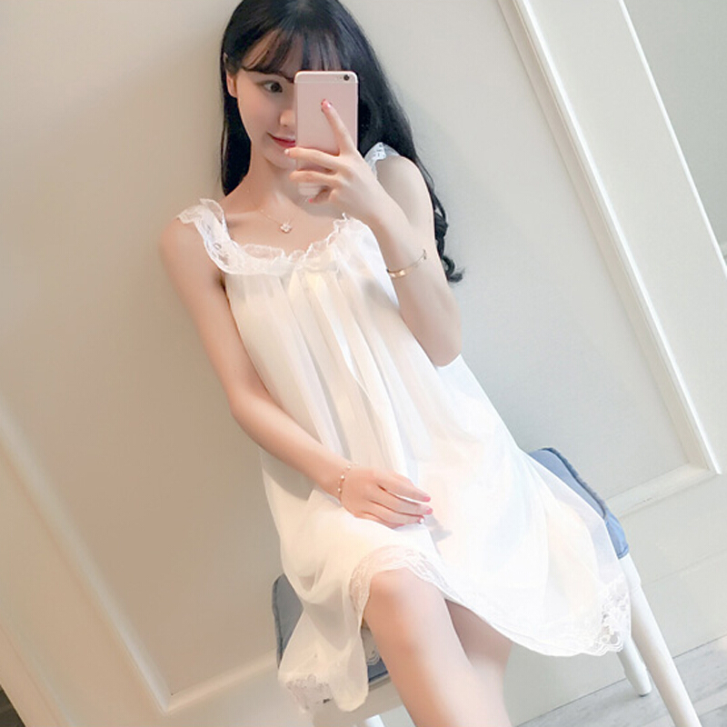 睡衣女夏季冰丝性感带睡裙甜美公主风韩版清新学生蕾丝带胸垫