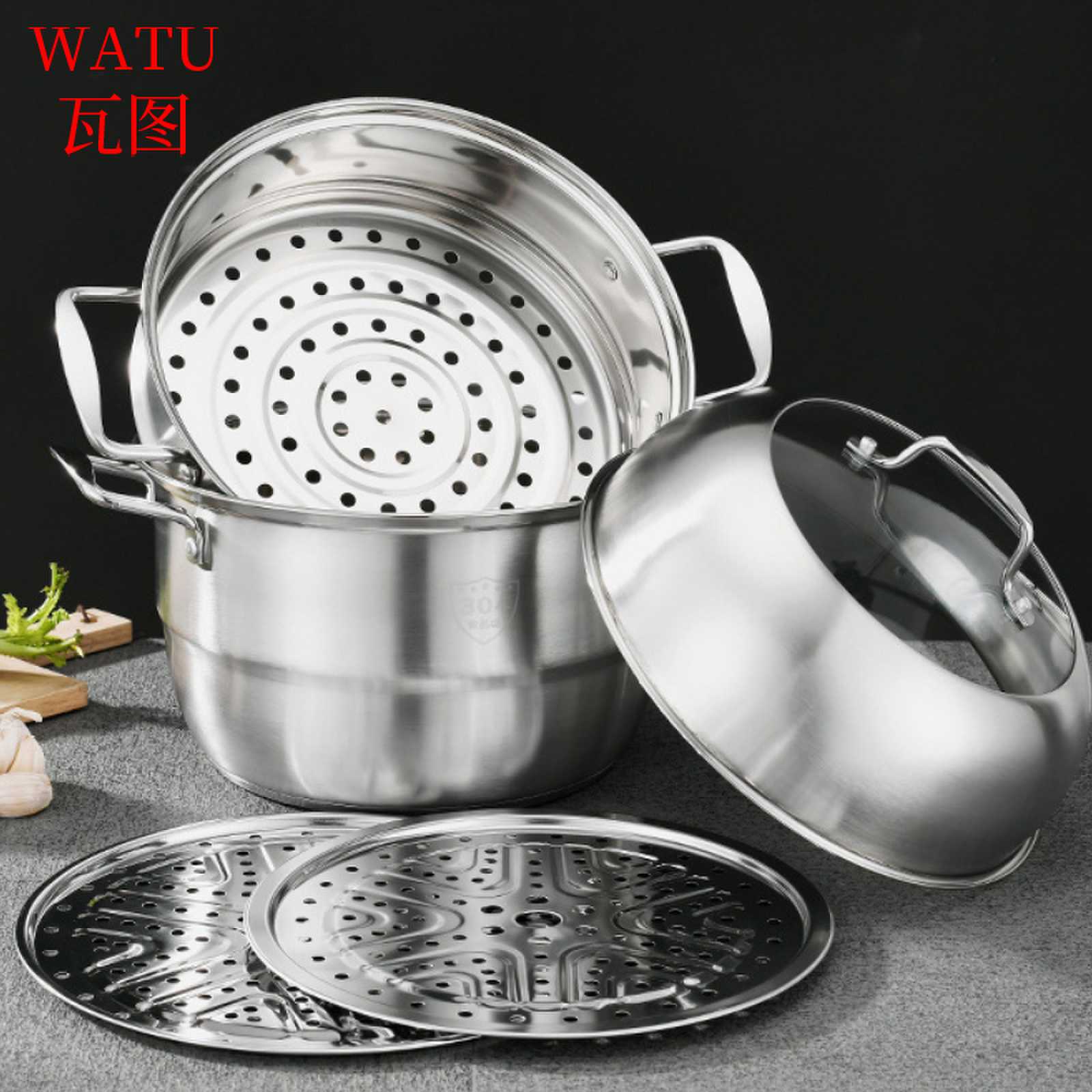 瓦图 304不锈钢三层蒸锅 汤蒸锅家用加厚复底 32cm 1个装高清大图