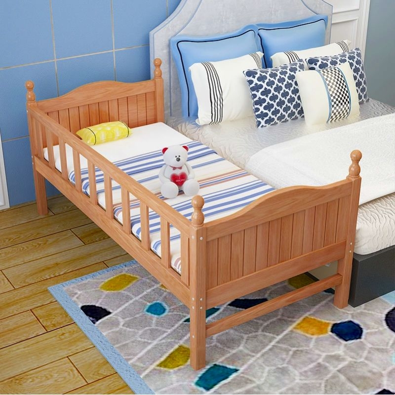 美帮汇全榉木儿童床拼接床带护栏床加宽床小孩床定制床实木床拼床 150*70*40三面护栏无梯加厚款 其他不带抽屉