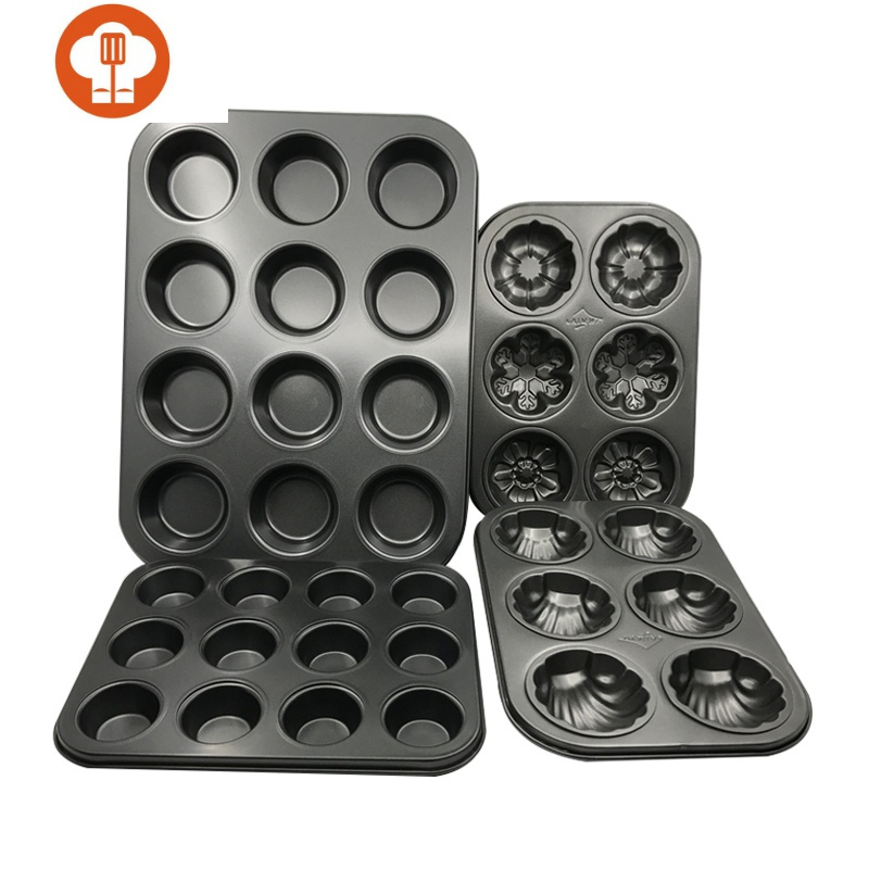 艺呈烘焙烤箱家用不粘平底12连6连圆形花型蛋糕模具