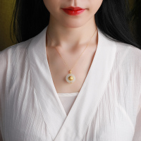 印象眸 足金镶和田玉吊坠 白玉平安环镶嵌黄金六字箴言转运珠女款玉石挂件 附送证书