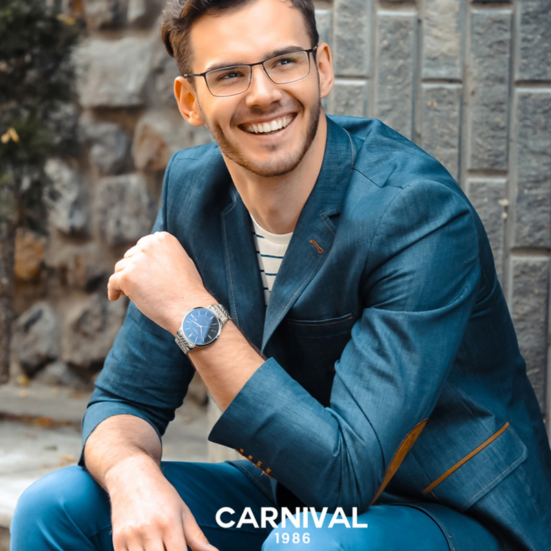 嘉年华Carnival正品手表男士石英表 男表商务精钢休闲真皮表带腕表防水日历男表简约薄款钢带可选8922高清大图