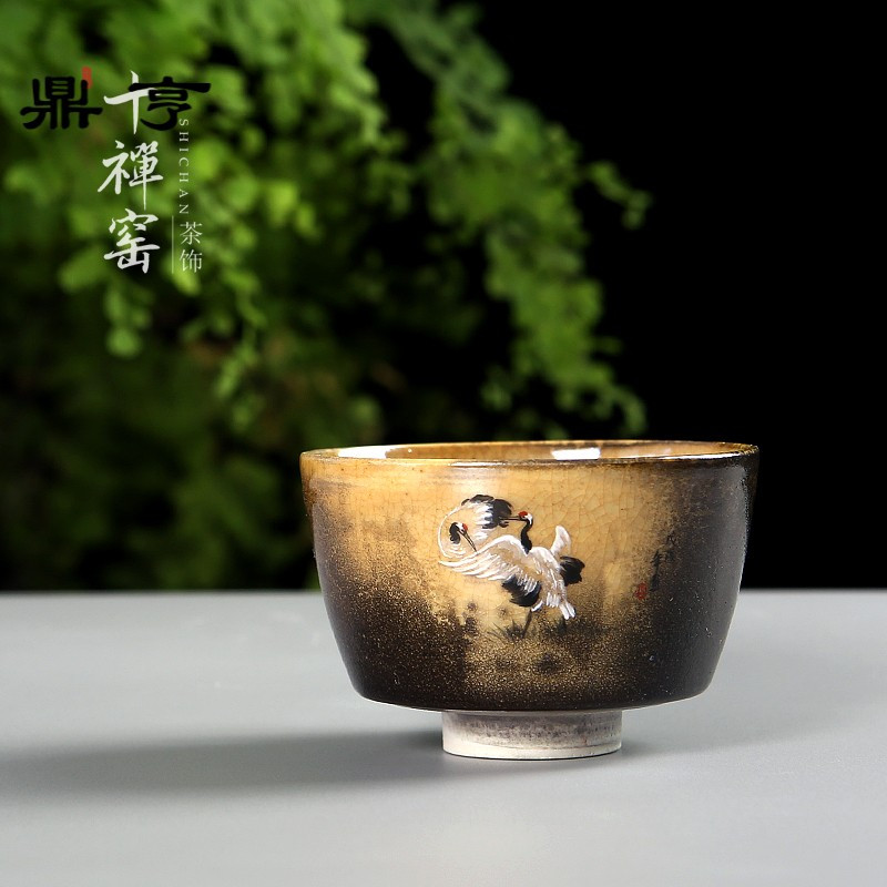鼎亨 景德镇仙鹤柴烧主人杯 落灰开片窑变品茗杯纯手工手绘茶杯