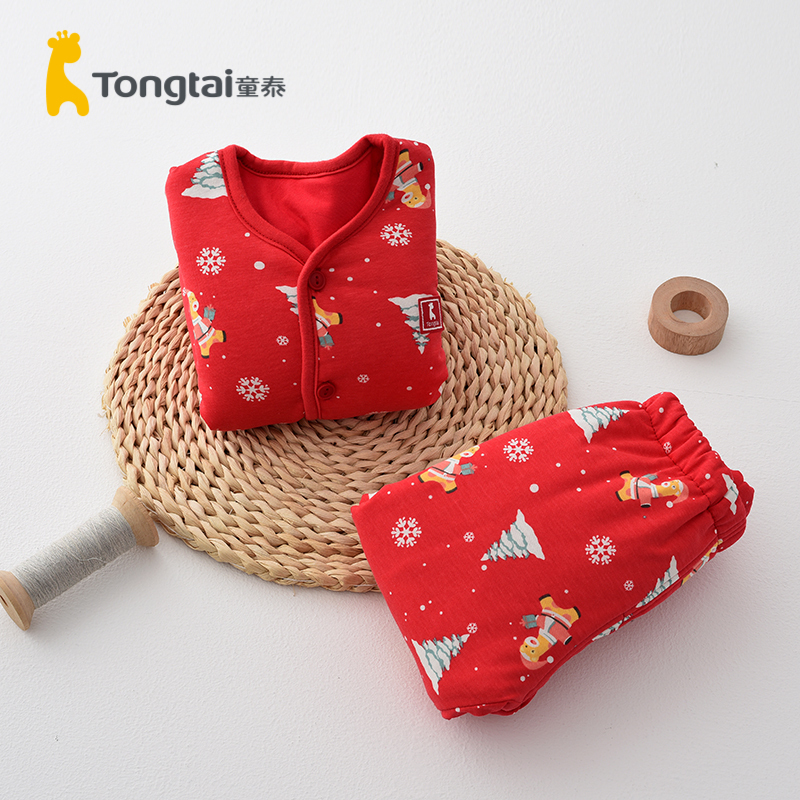 童泰(TONGTAI)2021年款秋冬3-18月婴儿过年衣服喜庆冬装男女宝宝套装红色薄棉两件套儿童套装