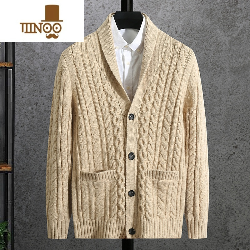 yanxu男士青果领针织开衫2023新款时尚纯色加厚外穿麻花毛衣外套