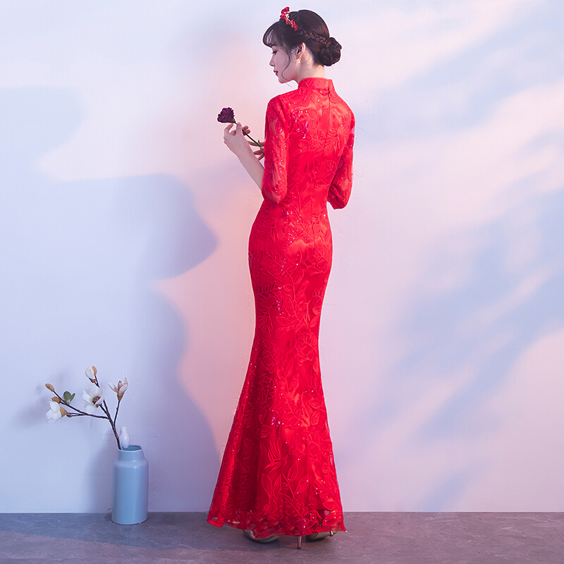 敬酒服新娘春季2018结婚新款红色中式旗袍长袖修身鱼尾走秀礼服女