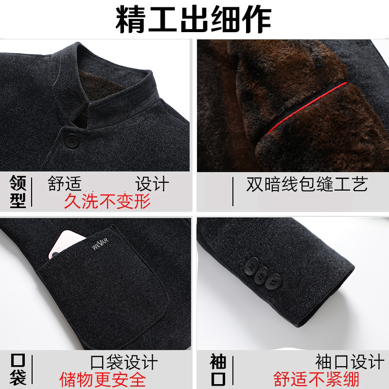 啄木鸟爸爸冬装毛呢棉服外套加绒加厚款中老年棉衣男爷爷保暖棉绒高清大图