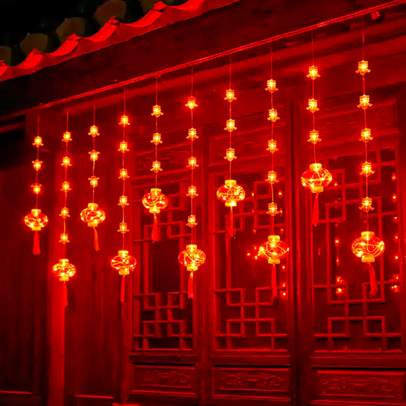 新年装饰红灯笼挂件【低压插电款】满面春风+红灯笼-横向9米下挂0.8米【八种模式闪烁】尾插+串联