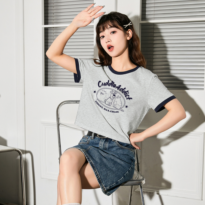 [2.5折价59元]爱宠大机密联名唐狮短袖T恤女新款小个子短款上衣女甜辣sz