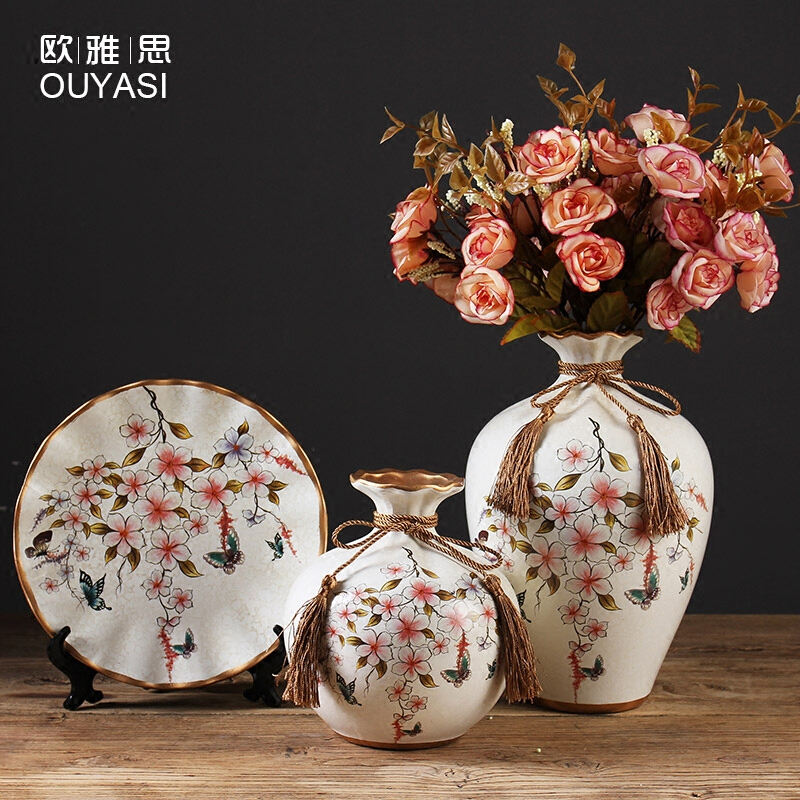 美式复古陶瓷花瓶盘子欧式客厅玄关酒柜装饰品摆件现代创意花插