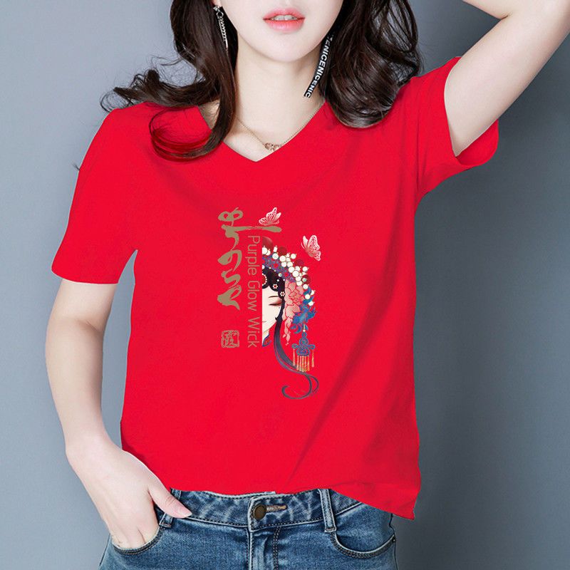 v领鸡心领短袖t恤女宽松半袖简约休闲百搭印花体恤女夏上衣