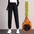 棉运动裤女春秋宽松黑色长裤收口裤系带哈伦裤透气卫裤休闲裤子 XL 黑色加绒款