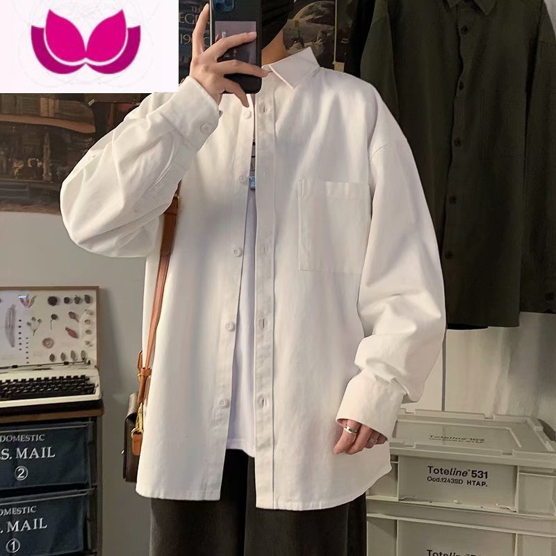七斓纯色港风衬衫男工装薄款日系复古简约休闲潮流宽松长袖上衬衣