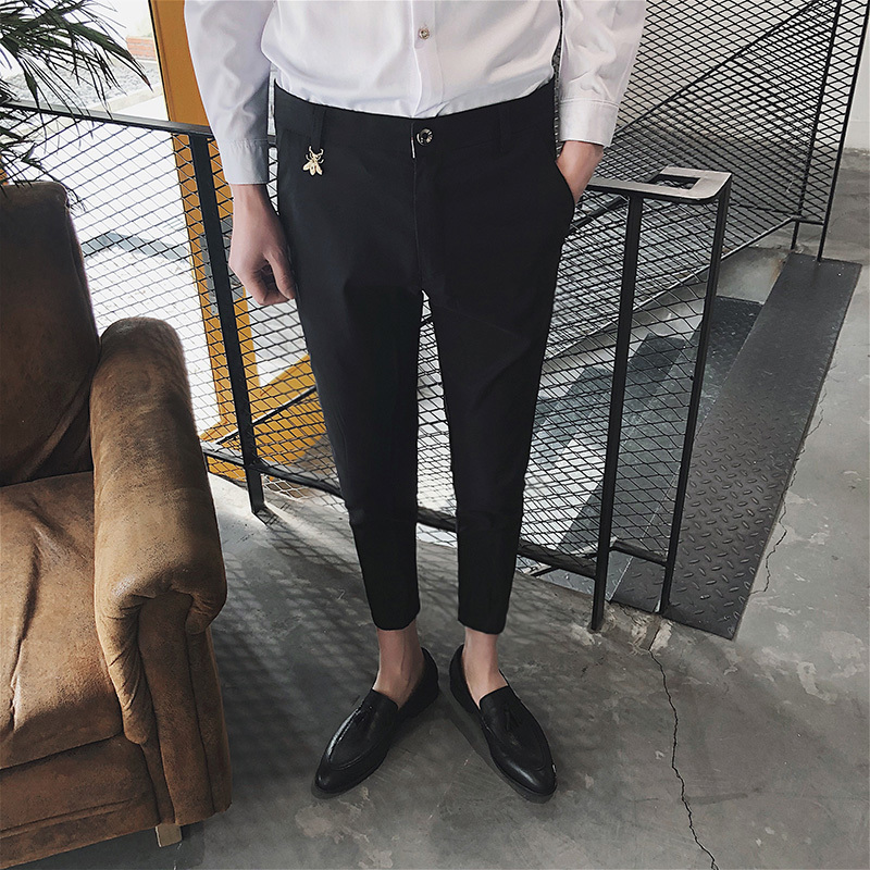 春夏夏天休闲裤男士新款纯白色弹力九分裤浅蓝色天蓝修身型小脚裤