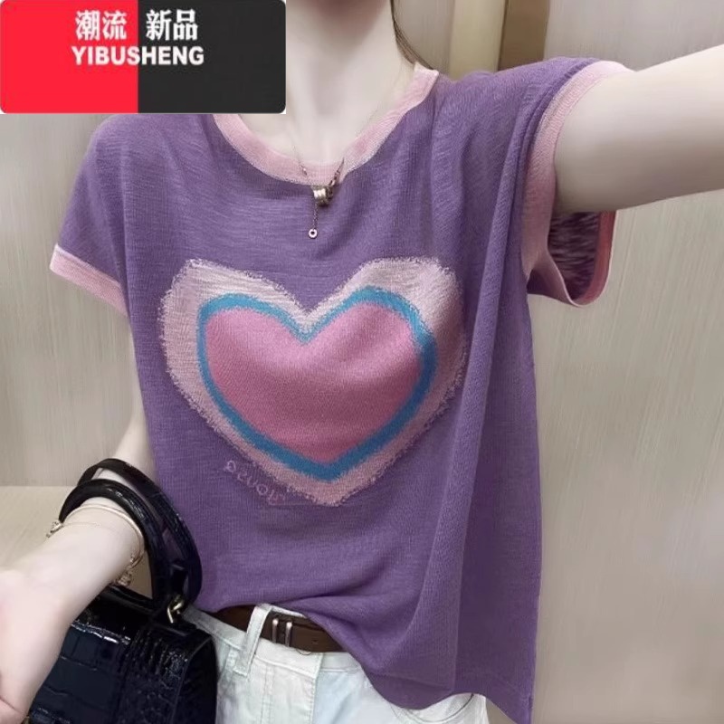 YIBUSHENG薄款针织衫新款竹节麻短袖上衣女爱心宽松减龄圆领亚麻拼色T恤高清大图