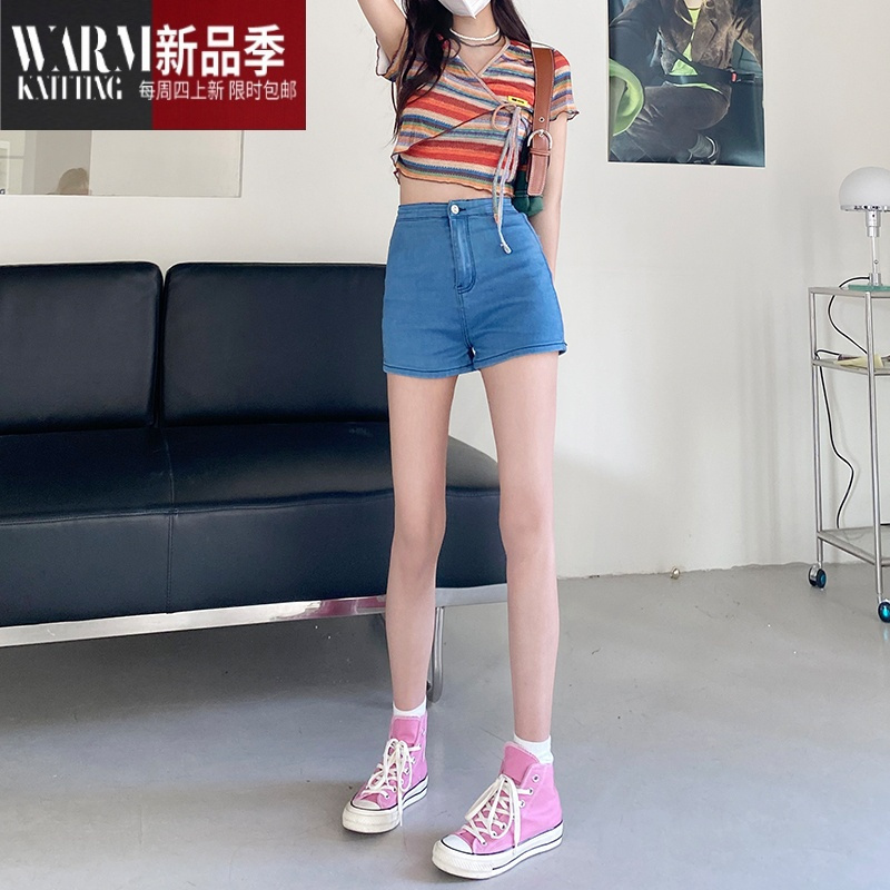 SHANCHAO高腰牛仔短裤女2023夏季新款休闲超弹热裤舒适辣妹紧身显瘦