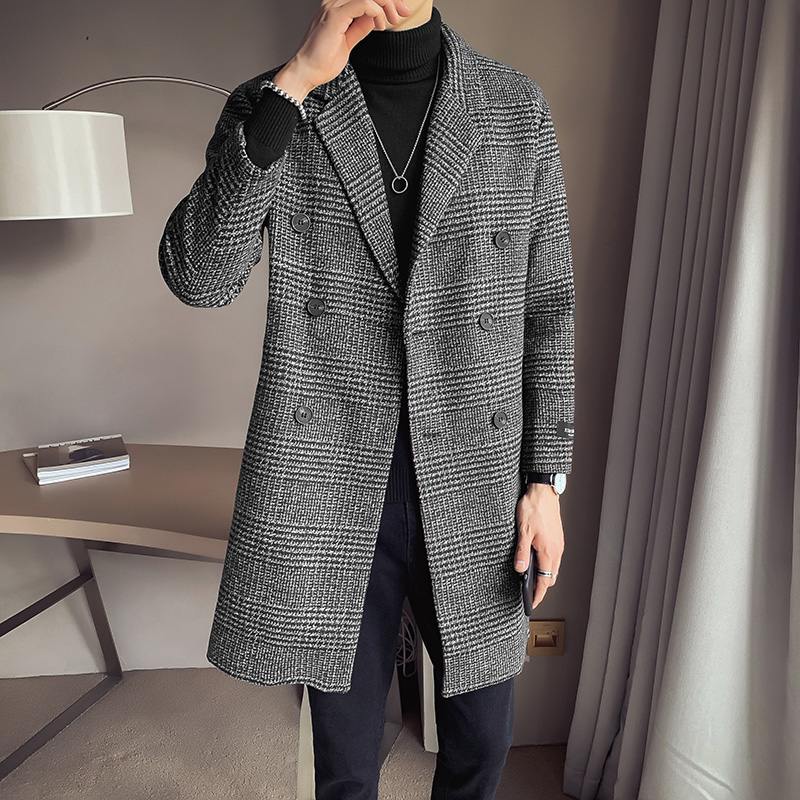 yuansu秋冬季格子大衣男生潮牌韩版青年帅气男休闲双排扣毛呢风衣中长