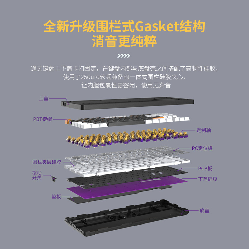 达尔优(dareu)A87pro单模客制化游戏机械键盘插拔轴gasket结构PBT键帽87键RGB背光紫金轴pro暮云灰