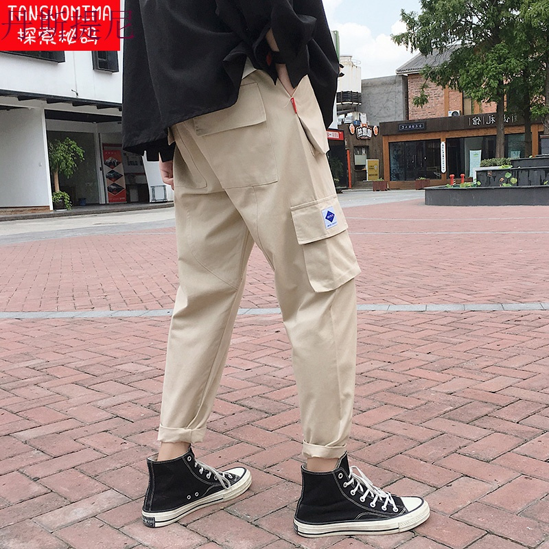 多口袋工装裤子男百搭束脚休闲裤韩版潮流修身秋季潮牌男士九分裤