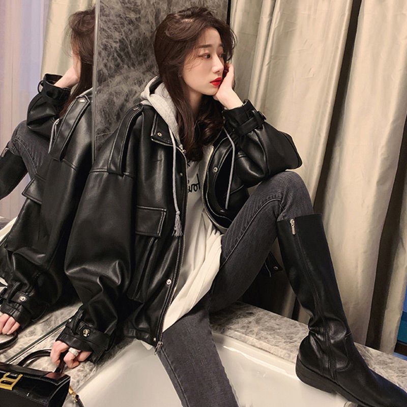 假两件皮衣外套女2021年春秋新款黑色pu加厚卫衣韩版皮夹克机车服