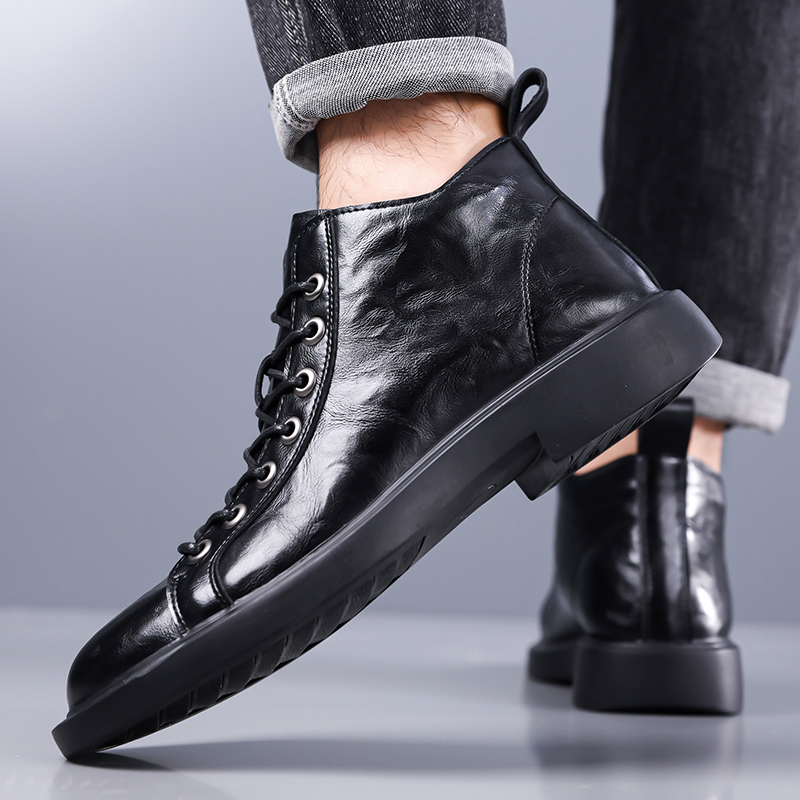 迪罗尼卡46码软皮软底英伦马丁靴男圆头大码系带中帮休闲工装靴工装短靴男高清大图