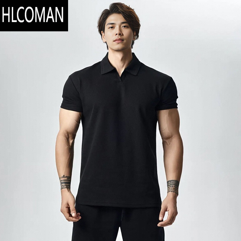 HLCOMAN美式收袖口显肌肉健身运动T恤领短袖男速干透气跑步训练服夏