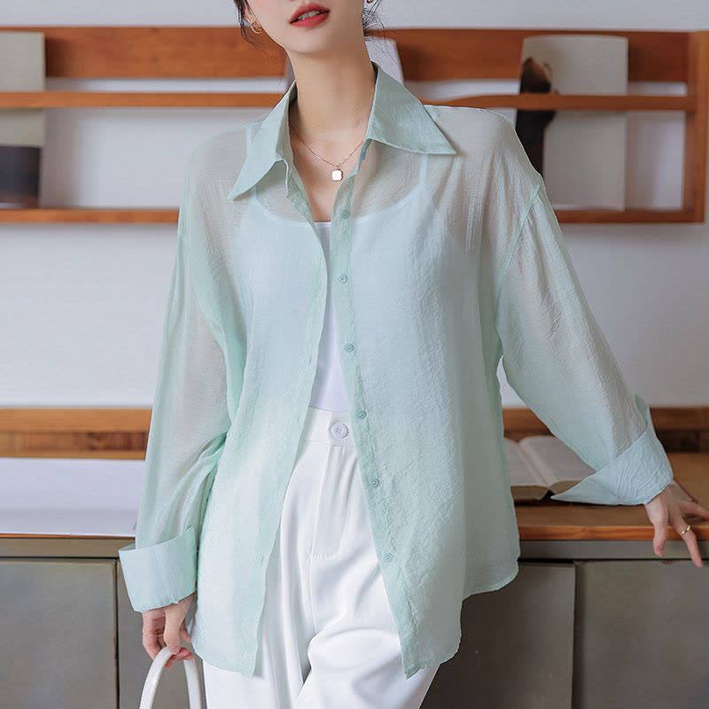 夏季长袖雪纺衬衫防晒衣服女2022年新款韩版宽松开衫薄外套ins潮图片