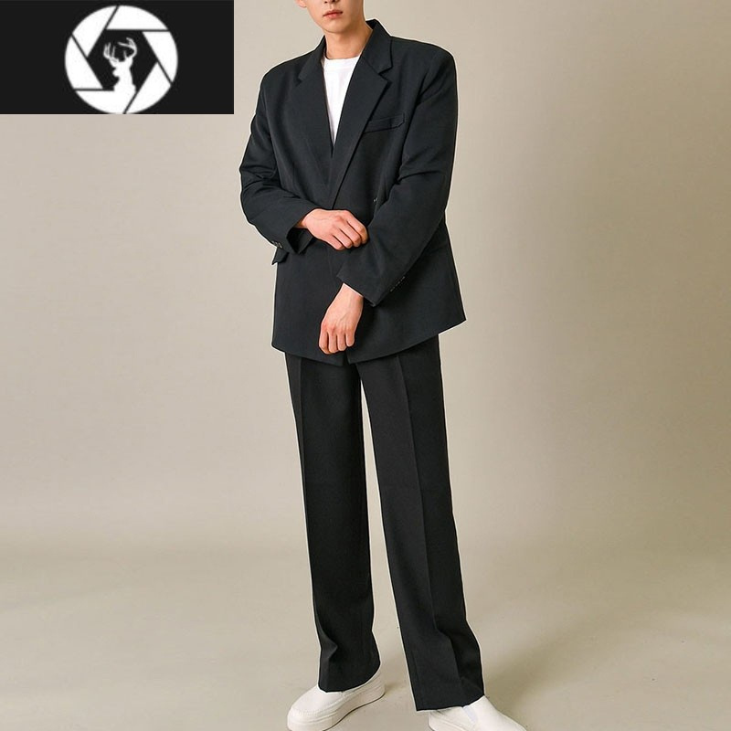 hongzun小西装男外套结婚正装痞帅高级设计感黑色潮韩版休闲宽松西服