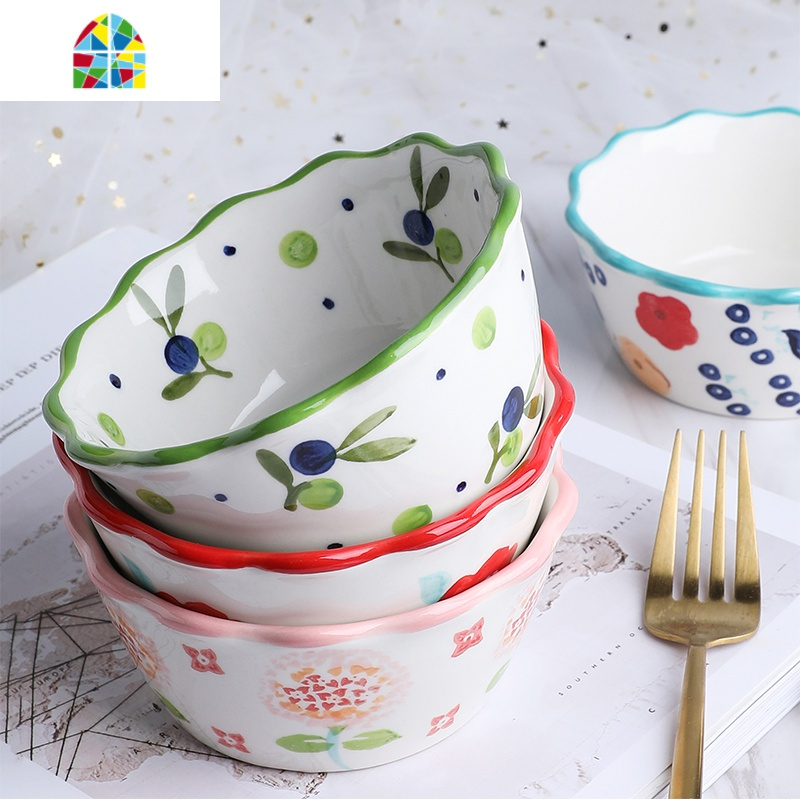 韩式创意花边小碗水果碗家用甜品碗烘焙布丁烤碗饭碗火锅小碗 FENGHOU 蓝边-蓝泡泡