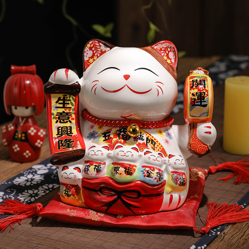猫摆件自动招手小号开业礼品店铺收银台家居办公陶瓷存钱罐收纳袋 三维工匠 20厘米高聚宝盆-75摇手款_89