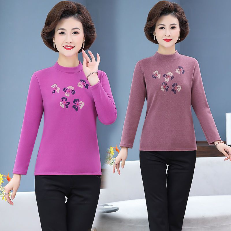 妈妈冬季保暖洋气秋衣中老年女装时尚t恤加绒加厚打底衫女装上衣
