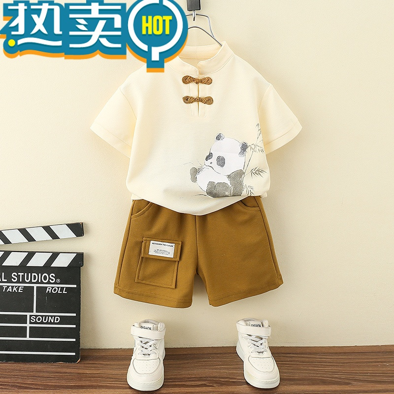绿彩虹光儿童装男童夏装套装2023新款男孩宝宝夏款国风汉服帅气端午短袖潮