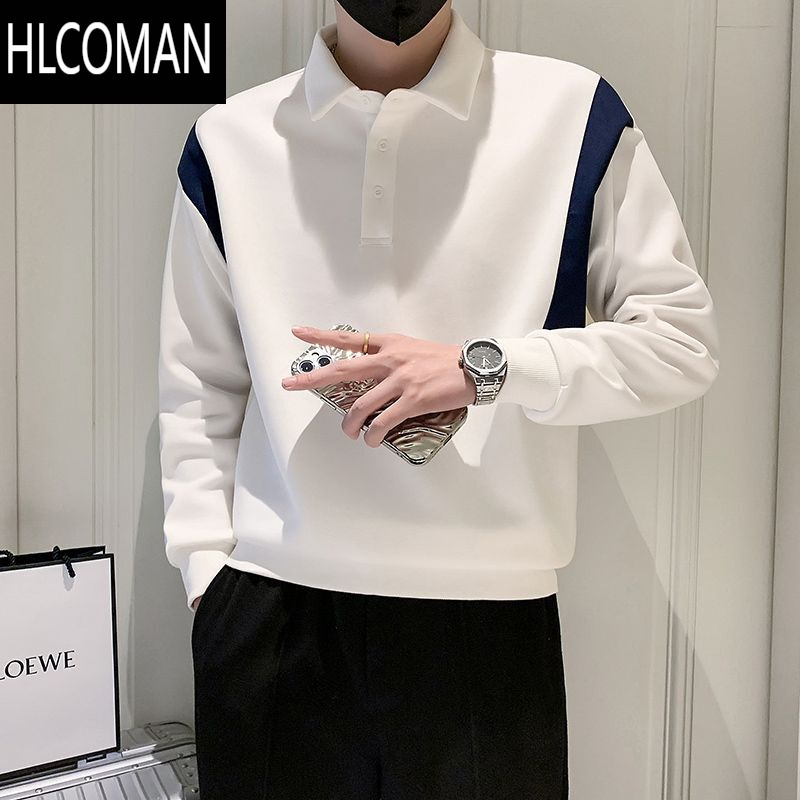 HLCOMANins潮牌翻领加绒卫衣男衫长袖T恤2023新款男装拼接外套